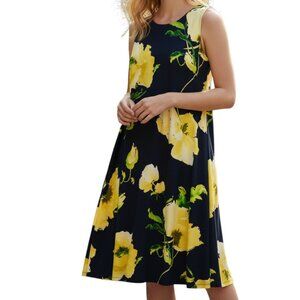 ANNE KLEIN Navy and Yellow Floral Sleeveless Dress - Size 10
